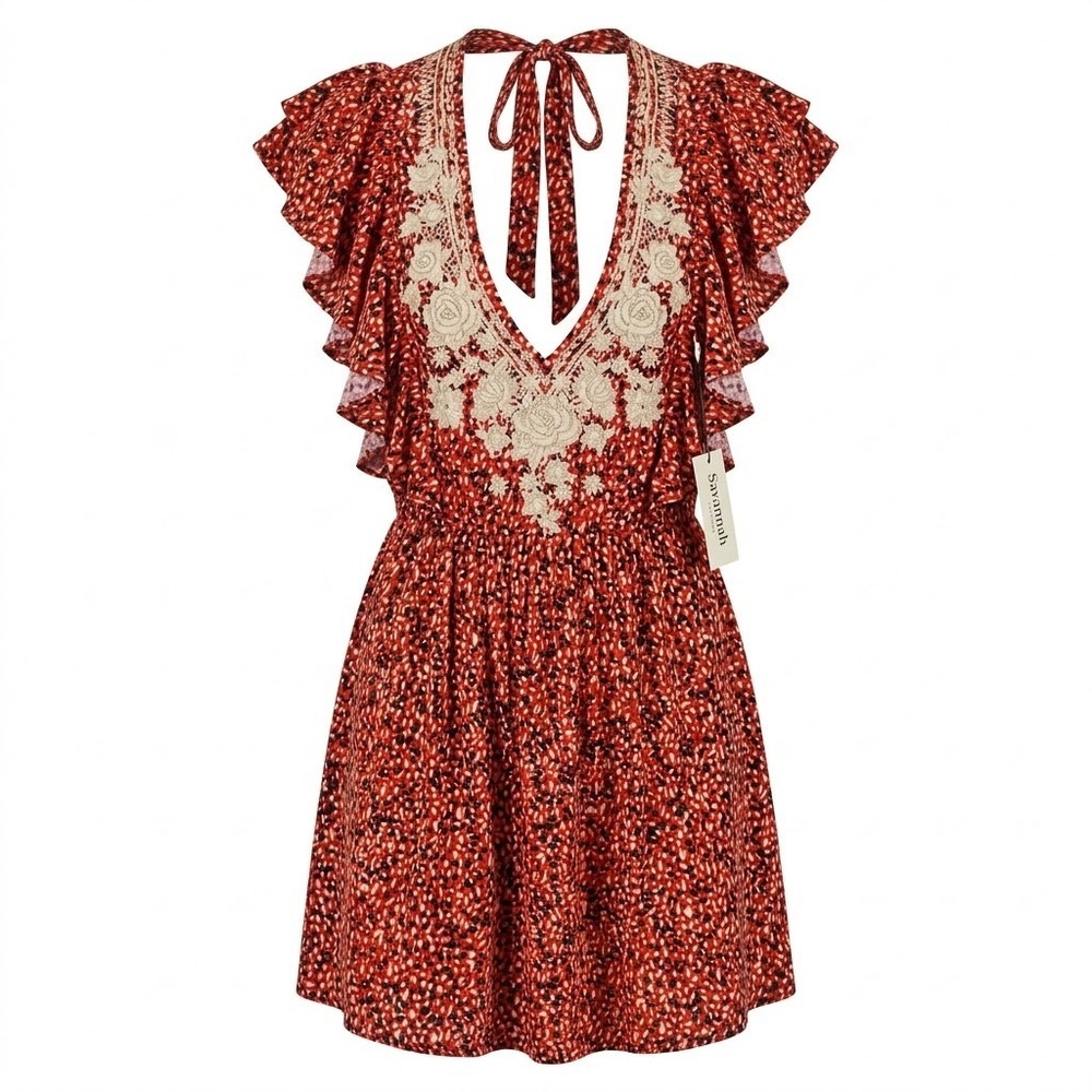 NWT Savanna Jane Dress Womens Small Red Floral Boho Chic Ruffle Embroidered Mini